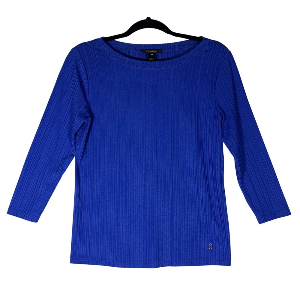 St John Ribbed Jersey Knit Top Sz XS Boat Neck 3/4 Sleeve Royal Blue Lyocell